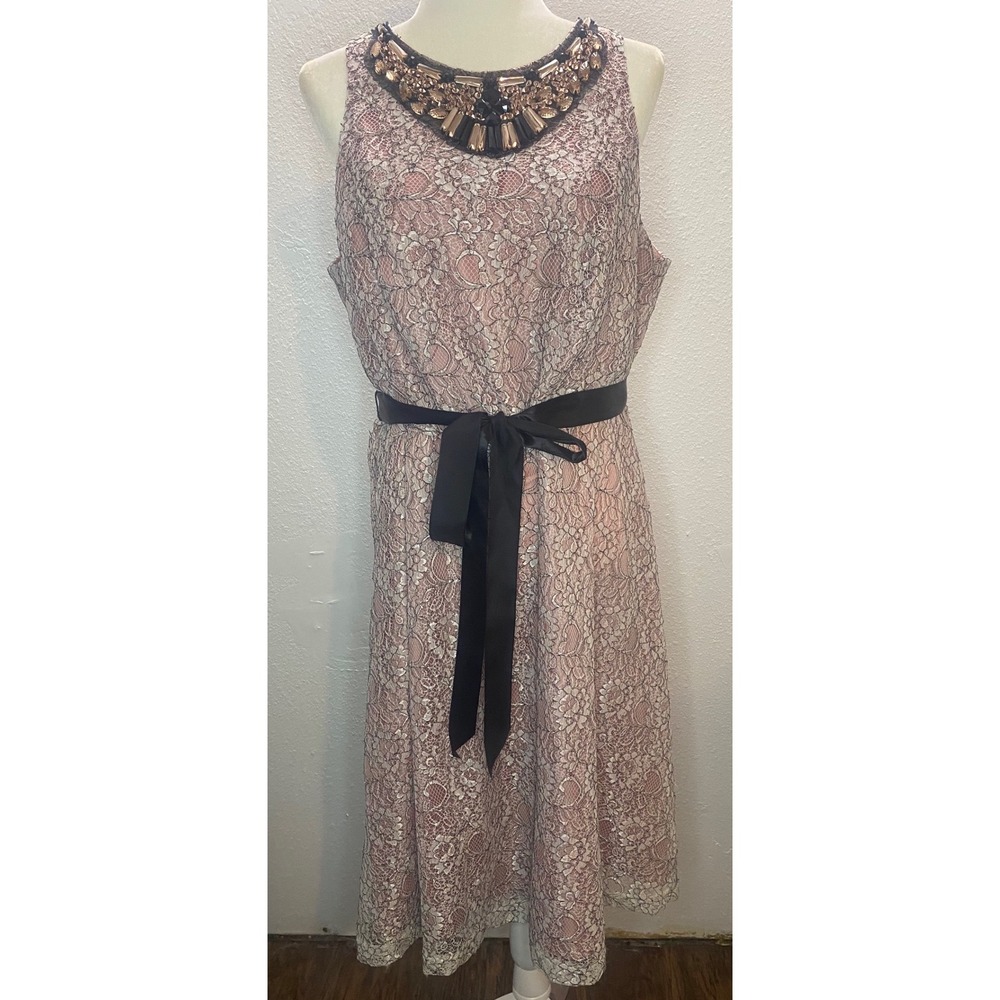 Adrianna Papell 16W Lace Dress Beaded Neckline Blush Pink Cocktail Formal Plus